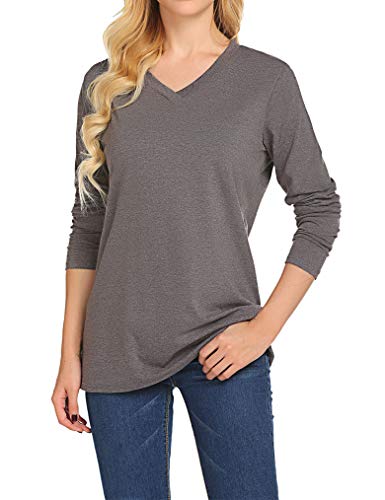 Qearal Womes Loose V Neck Blouse Solid Tees Shirts Long Sleeve Tops Plus Size (XXL, Dark Grey)