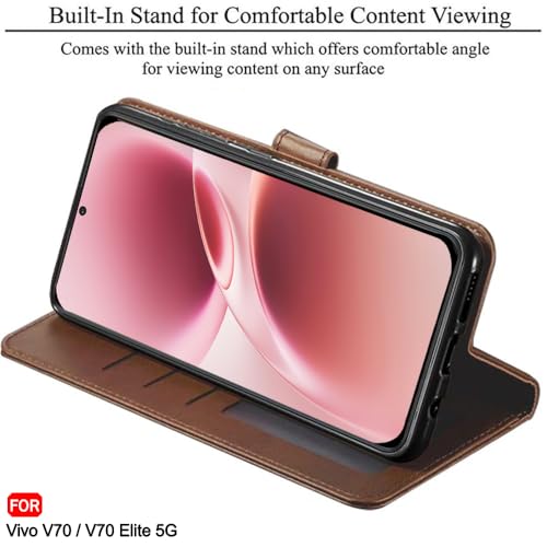 Image of TheGiftKart Genuine Leather Finish Flip Back Cover Case for Vivo V70 5G / V70 Elite 5G | Inbuilt Pockets & Stand | Wallet Style | Designer Button Magnet Flip Back Cover Case (Faux Leather, Brown)