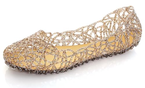 Image of Stunner Women Beach Jelly Shoes Slip On Crystal Summer Hollow Ballet Flats | Summer Cool PVC Breathable Outdoor Indoor Dressy Flat Sandals for Holiday Shopping Spa Swimming Pool