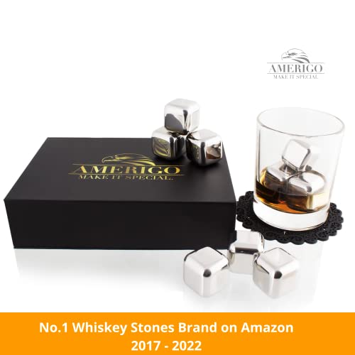 Exclusive Stainless Steel Whisky Stones Gift Set - High Cooling Technology - Reusable Ice Cubes - Gift for Men - Set of 8 Chilling Stones + Ice Tongs + Classy Coasters - Great Birthday Idea for Men