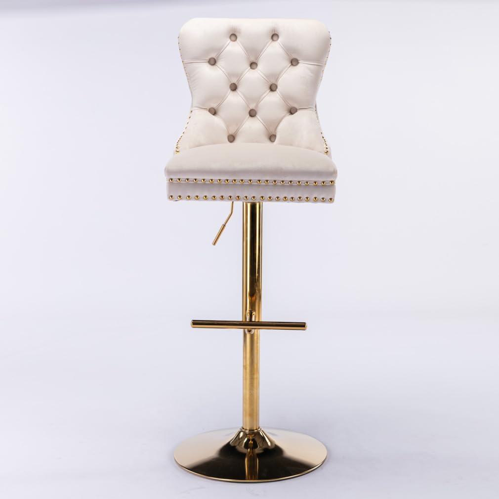 Swivel Bar Stools Set of 2, Velvet Upholstered Barstools Adjusatble Seat Height from 27-35 Inch, Bar Stools with Backrest for Home Pub and Kitchen Island, Beige+Gold