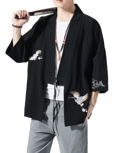 Image of Men's Japanese Kimono Cardigan Loose Cotton Linen 3 /4 Sleeve Open Front Casual Summer Shirt Jackets