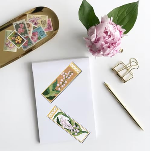 Image of FREEBLOSS 6 Set Lily of The Valley Cross Stitch Bookmark Kits Flowers DIY Bookmarks Cross Stitch Kits,Stamped Embroidery Bookmarks Counted Cross Stitch Kit for Beginners Adults 22 * 8cm
