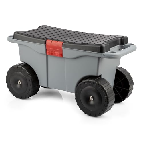Pure Garden Rolling Garden Cart with Seat - Plastic Storage with Bench and Interior Tool Tray - Gardening Stool for Weeding and Planting (Gray) by Pure Garden - Used condition - US$32.93