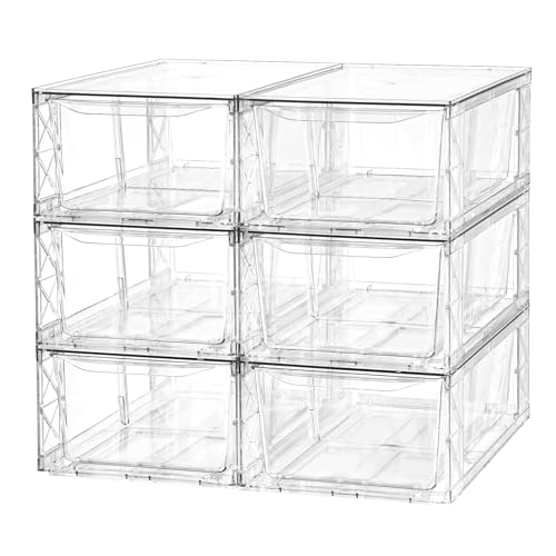 Plastic Drawers Storage, 6Pack Clear Stackable Storage Drawers, Acrylic Storage Bins with Drawers for Fridge Organizers, PlasticDrawers Stackable for Makeup Organizers Cosmetic Display, Medium
