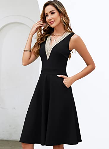 Ranphee Cute Little Black Dresses For Women 2023 Summer Sleeveless V-Neck Knee Length Graduation Cocktail Wedding Guest Fit And Flare Tank Dress With Pocktets Xl #TOP2