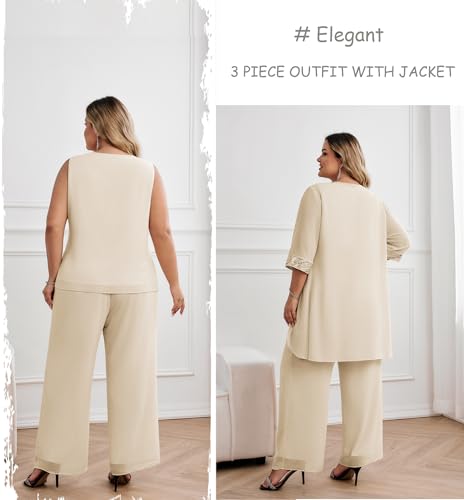 Hanna Nikole 3 Piece Chiffon Pantsuits for Wedding Guest Mother of The Bride Pant Suits Plus Size Chiffon Sets Champagne 4X - Thumbnail 3