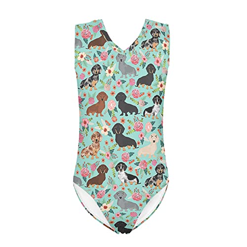 Jeiento Einteiliger Badeanzug für Mädchen, Bikini, Badeanzug, Kleinkinder, Mädchen, Bademode, 3–14 Jahre, Hund mit Blumenmuster, 13-14 Jahre