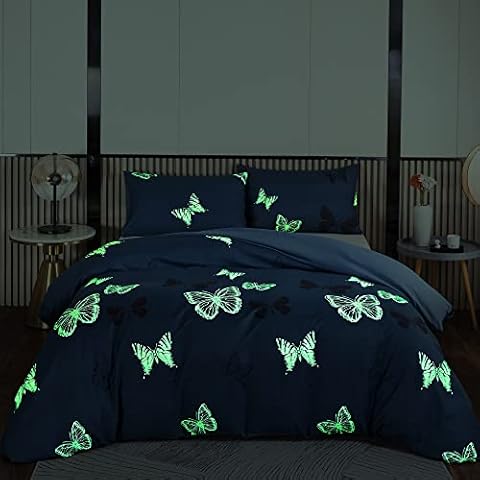 Chanyuan Bed Linen 135 x 200 cm Butterfly Glow in the Dark White Black Children Girls Microfibre Blue Reversible Duvet Cover with Zip and Pillowcase 80 x 80 cm Cover
