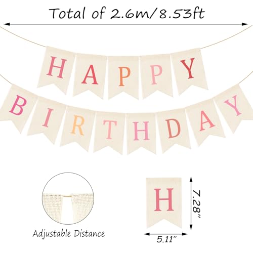 Image of Doumeny Happy Birthday Burlap Banner Boho Birthday Garland Bunting Ombre Pink Bohemian Party Garland Banner Multicolor Happy Birthday Sign Flag Birthdays Hanging Bunting for Home Wall Mantel Fireplace
