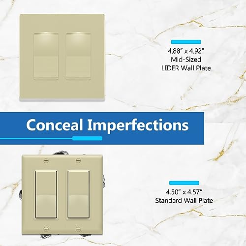 Image of LIDER Double Decorator Switch Cover, Screwless Wall Plate, Mid-Size 2-Gang 4.88 inch x 4.92 inch, LSWP-32M-I, UL Listed, Thermoplastic, Matte Ivory, 1-Pack