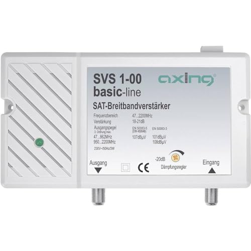 Alimentazione interna con LED Axing SVS 1-00 Amplificatore per Segnali Satellitari e Antenna, 25 dB, 47-2200 MHz, con alimentatore integrato