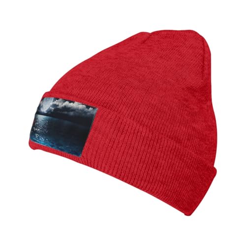 Migpkd Gorro unisex con diseño de luna llena y nubes de niebla con turquesa para hombres y mujeres, gorros de punto de invierno, gorros cálidos con puños, a la moda, rosso, Talla única