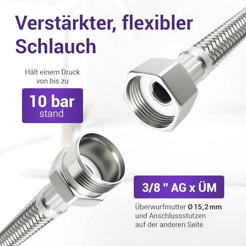 Viоks.pro 3/8 Schlauch (15,2mm) Überwurf und Außengewinde 30 cm & Armaturenschlauch Anschlussschlauch Armatur Trinkwasserschlauch Flexibler Schlauch für Wasserhahn Eckventil Küchenarmatur Spülkasten