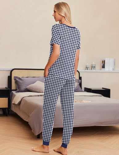Image of Ekouaer Pajamas for Women Set 2 Piece Lightweight Summer Lounge Sets Short Sleeve Tops Joggers Long Pants Pjs with Pockets Navy Plaid Large