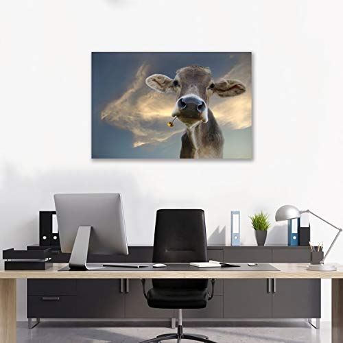 Tableau vache avec fleurs 30x50 cm encadré pour décoration de salon - 5