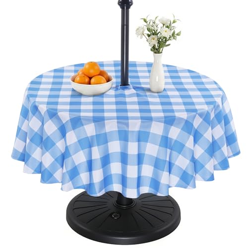 Image of Eternal Beauty 152cm Round Blue Checkered Indoor Outdoor Waterproof Tablecloth for Patio Garden Party and BBQ(60 Inch)