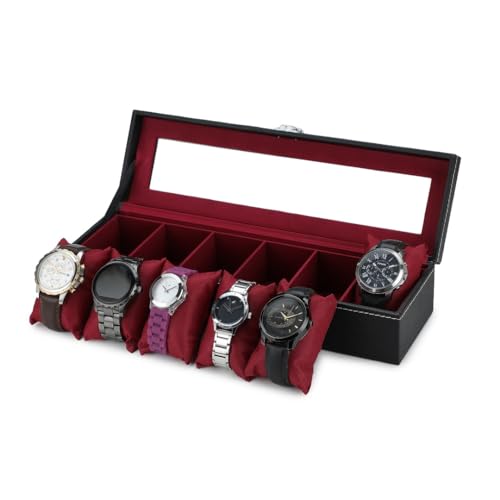 Image of Watch Box Organizer for Men and Women, 6 Slots, Leatherette, Black, Gift Box (Black::Maroon)