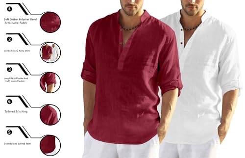 Image of FINIVO FASHION Men's Cotton Blend Solid Full Sleeve Combo Short Kurta Shirt, Regular Fit Solid Pattern Mandarin Collar Straight Kurta Shirt