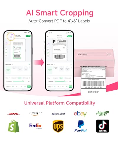 Image of Bluetooth Thermal Printer with Labels Holder and 500 Sheets 4x6 Fanfold Shipping Labels, Wireless Label Printer for Small Business, Compatible with iPhone, Android, Windows & Mac