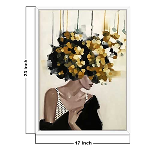 Image of PAINTINGMANTRA Mid Night Gold Girl With Flower Bouquet White Framed Canvas Print for Wall, Home and Living Room Decoration (Size - 23 x 17 Inchs)