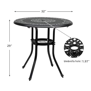 VINGLI 32 Inch Outdoor Patio Table with Umbrella Hole Cast Aluminum Round Patio Dining Table Bistro Table for Backyard Garden Patio Porch Black