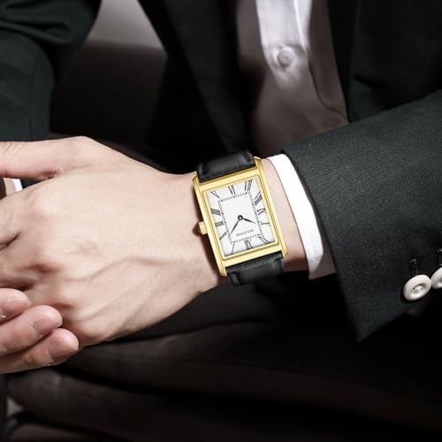 Watches for Men Business Simple Model Rectangle Roman Numerals Case Water Resistant with Leather Strap - Image 6