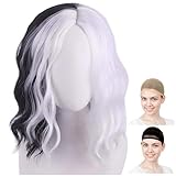 CaseEden コスプレ ウィッグ ウェーブヘア センター分け ミディアム 40cm ブラック ＆ シルバー WIG6198