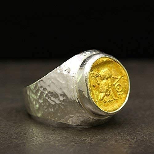 Caprixus Mens Signet Ring 925 Sterling Athens Owl Coin Ring Heavy Weight 24K Gold Vermeil Two Tone Hand Forged Hammered Handmade Ring For Men And Women #TOP2
