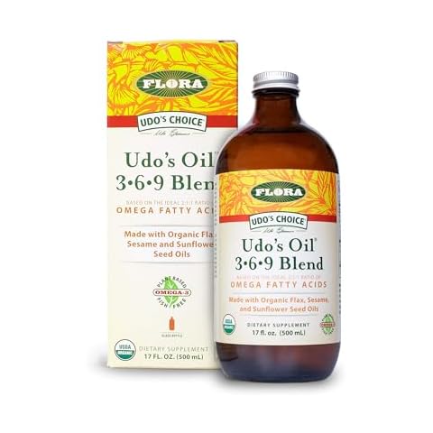 Flora - Udo's Choice Omega 369 Oil Blend, Made with Organic Flax, Sesame & Sunflower Seed Oils, Plant-Based Vegan Omega Fatty Acids, Based on Ideal 2:1:1 Ratio, 17-fl, oz. Glass Bottle Cover