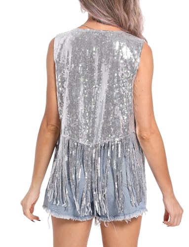 Women’s Sequins Fringe Jackets Sleeveless Glitter Tassel Vest Sparky V Neck Open Front Waistcoat Cocktail 2024 Fashion3
