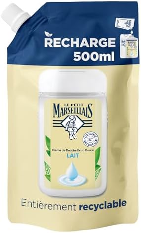 Le Petit Marseillais – Recharge Crème de Douche Extra Douce Lait (écopack de 500 ml) – Gel douche avec 92% d'ingrédients d'origine naturelle – pH neutre pour la peau et sans colorant