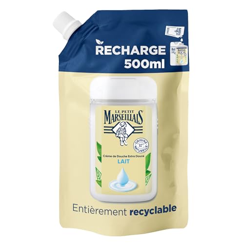 Le Petit Marseillais – Recharge Crème de Douche Extra Douce Lait (écopack de 500 ml) – Gel douche avec 92% d'ingrédients d'origine naturelle – pH...
