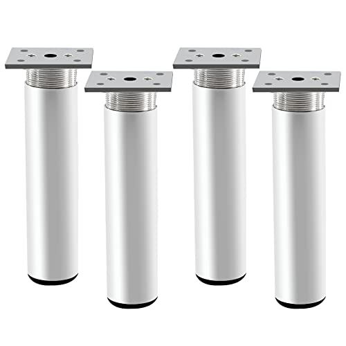 Rusoz 4Pcs Adjustable Furniture Legs,Metal Table Legs 200 mm Matt Sliver Aluminum Alloy Round Sofa Feet Replacement Adjustable Height 0-10 mm with Screws for Cabinet,Bed,and Wardrobe