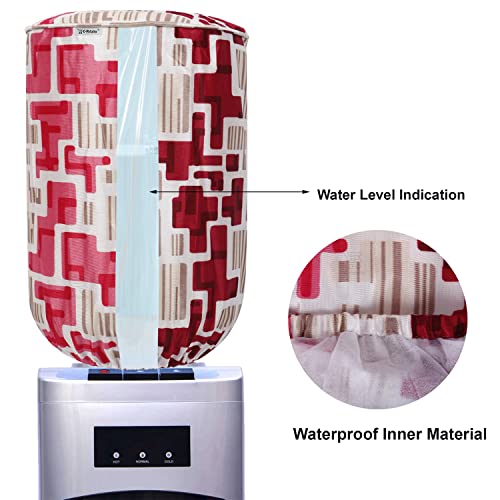 Image of Polyester Water Dispenser Bottle Cover With Adjustable Elastic Closure And Water Level Indication For 20L, Pack of 2Pc (Color- Red Geometric, Size-17x11 Inches)