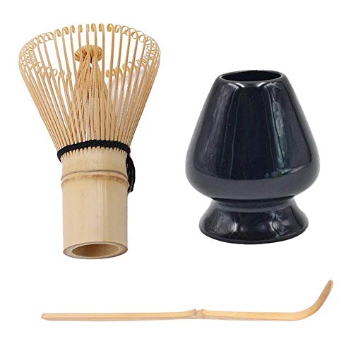 Greenf 3 piezas Matcha japonés accesorio de ceremonia kit de juego Matcha japonés, batidor Matcha de bambú (cazen) + cuchara de té + soporte para batidor (negro) Cover
