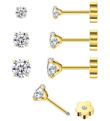 EQFE 14K Gold CZ Flat Back Earrings for Women Hypoallergenic Cartilage Cubic Zirconia Earrings Studs 20G Handmade Nap Screw Back Earrings for Helix Conch Multiple Piercing White CZ