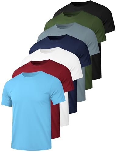 HOPLYNN 7 Pack Men's Dry Fit Workout Gym T Shirts, Short Sleeve Active Running Athletic Tee Tops 1 Black 1 White 1 Blue 1 Gray 1 Sky Blue 1 Wine 1 Army Green XX-Large