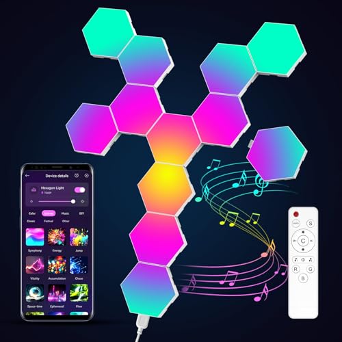 COLWINKU Hexagon Lights Gaming with Remote & App Control 12 Pack RGB Led Hex Light Panels Geometry Night Lamp DIY Hexagon Smart Wall Lights Sync to Music for Room Bar Decor Gaming Setup