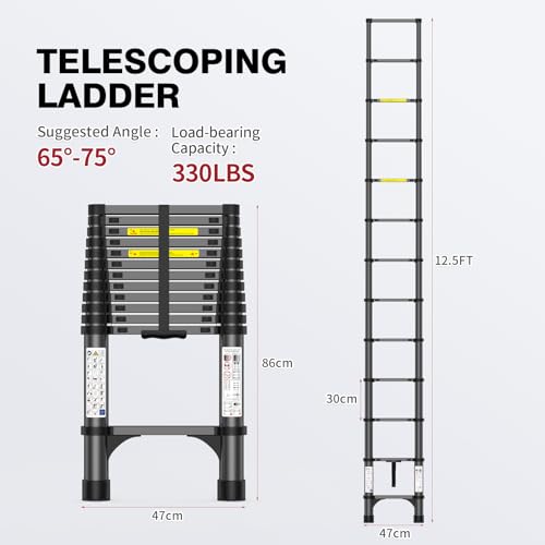 12.5FT Telescoping Ladder, 330lb Capacity Aluminum Heavy-Duty Extension Ladder with Anti-Slip Steps for Secure Attic Access, Roof, and Home Renovation Projects