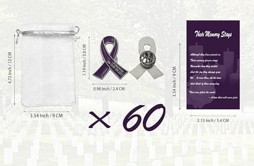 Image of 60 Set Funeral Ribbon Pins Memorial Pin Forever in Our Hearts Lapel Pin Remembrance Brooch with Prayer Cards & Organza Bags