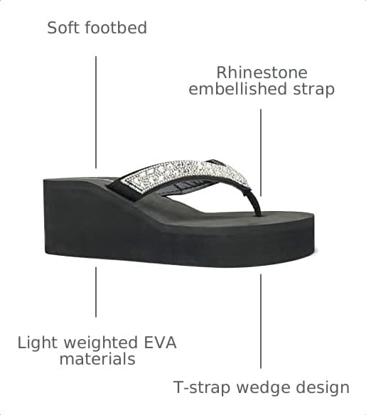 Image of REDVOLUTION New Women's Rhinestone Sandals High | Low Platform T-Strap Jewel Sandals High Wedge Flip Flops