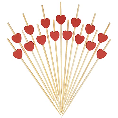 Minisland Red Heart Cocktail Picks, 4.7" Bamboo, 100 Pack