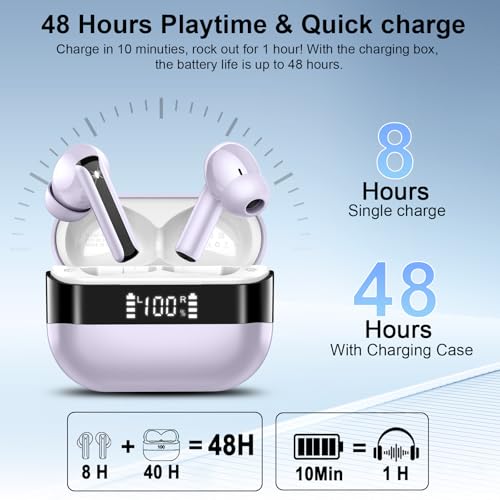Image of Wireless Earbuds, Bluetooth 5.4 Headphones HiFi Stereo, Bluetooth Earbuds with 4 ENC Mics, 48H Playtime Wireless Ear Buds with LED Display, IP7 Waterproof Bluetooth Earphones Purple