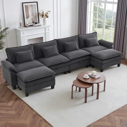 Image of IPKIG 151 inch Modular Cloud Couch with Storage, U Shaped Sectional Sofa with Ottoman & Pillow, Velvet Deep Seat Sectional Couches for Living Room, Apartment, Dark Grey