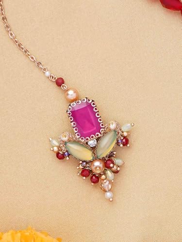 Image of SANJOYA Gold Plated Traditional Embroidered Jewellery for Women & Girls | Stone Studded Wedding, Festive, Mehendi, Sangeet Collection | Necklace, Earrings, Maang Tikka, Bracelet & Ring