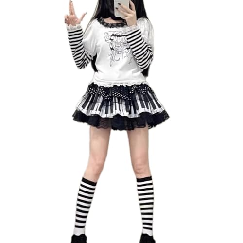 Mini jupe taille haute Harajuku dentelle noire et blanche femme élastique