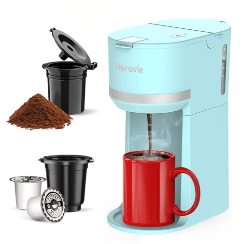 Image of Horavie Mini Single Serve Coffee Maker for K-Cup Pod and Ground Coffee, Fast Brew One Cup Coffee Machine with Descaling Reminder and Water Window, 6 to 12 oz. Brew Sizes, Light Blue