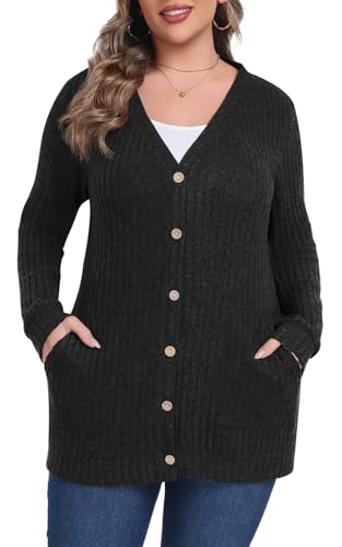 Lastshe Women's Plus Size Cardigan Sweaters Button Down Long Sleeve Fall Cardigans Knit Outwear with Pockets3