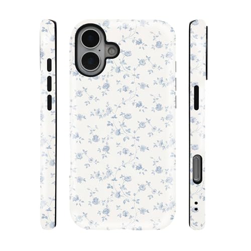 qizjio Vintage Blue Rose Floral Aesthetic Phone Case, Shockproof Protective Cover for iPhone 16 Plus